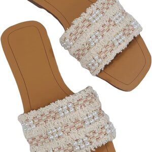 Women's Summer Flat Sandals Faux Pearls Leather Slides Beach Vacation Shoes